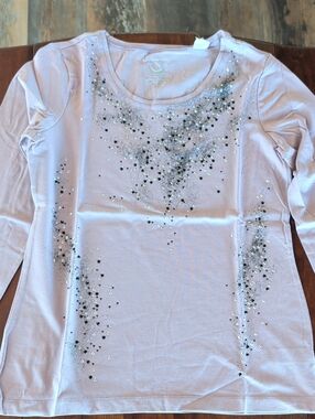 Sequin-Accent Light Pink Long Sleeve Scoop Neck Tee